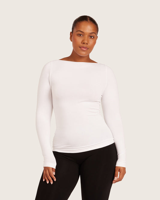 Top de manga larga con cuello barco para usar como capa base - Blanco
