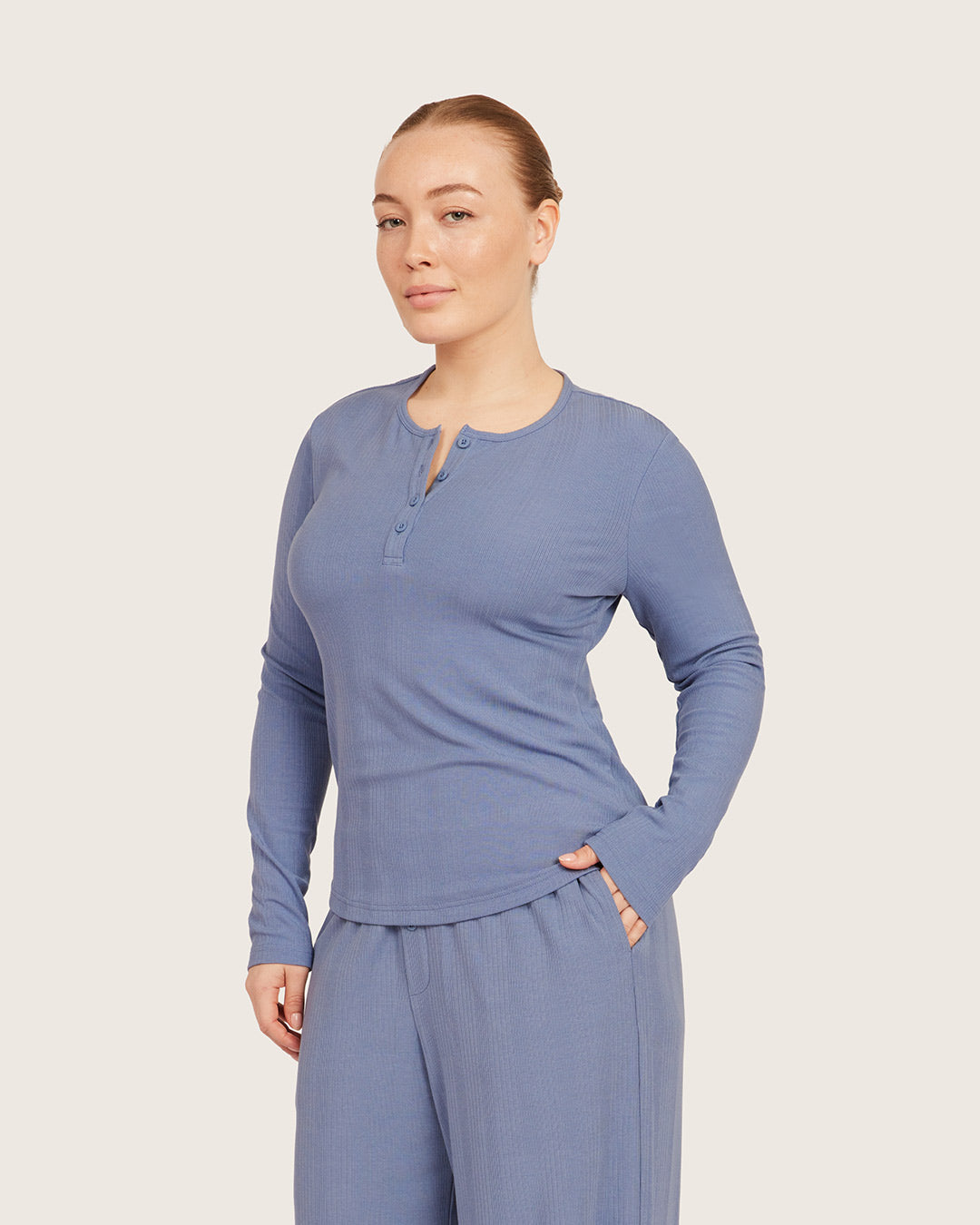 Camiseta Henley de Manga Larga - Azul Acero