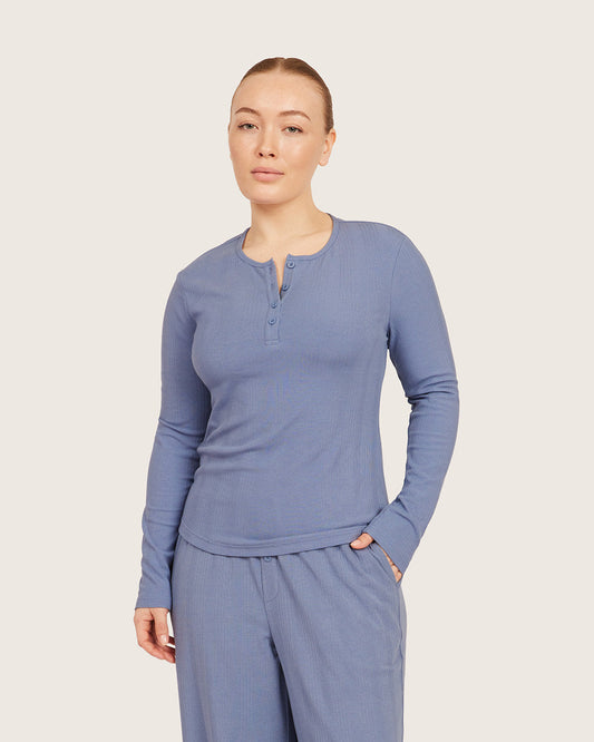 Camiseta Henley de Manga Larga - Azul Acero