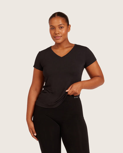 Camiseta de manga corta para mujer con cuello en V, negra