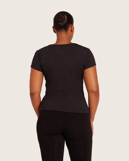 Camiseta de manga corta para mujer con cuello en V, negra