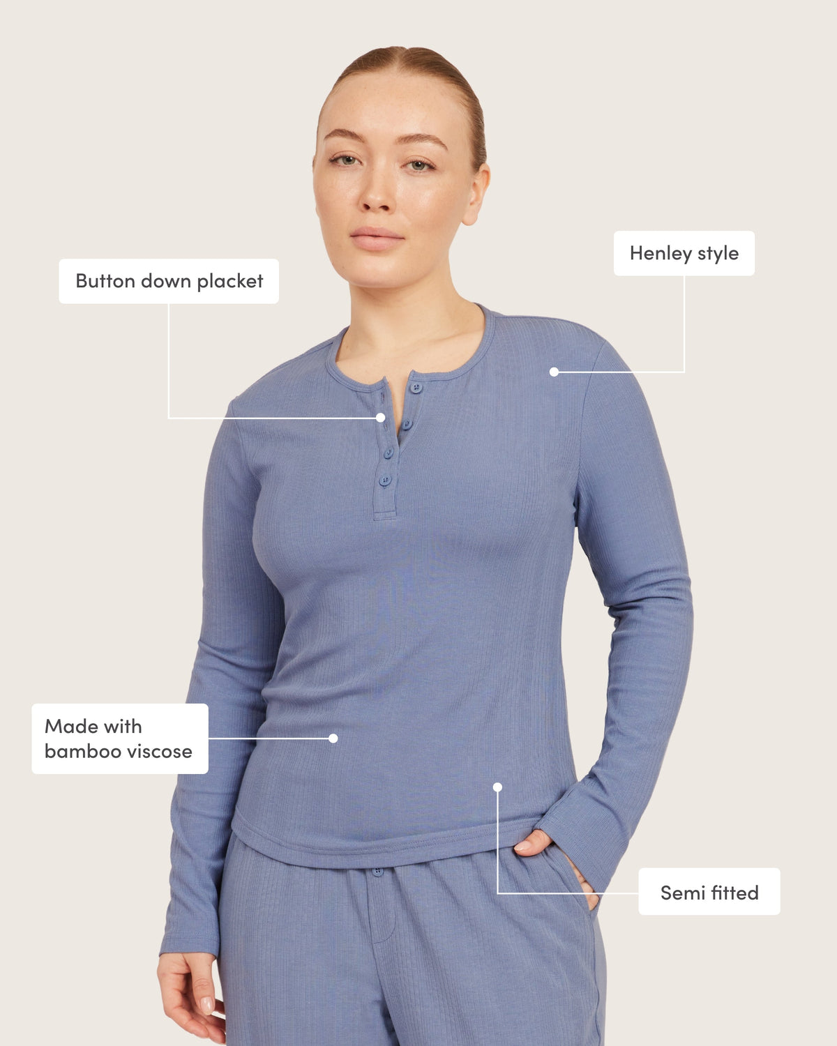 Camiseta Henley de Manga Larga - Azul Acero