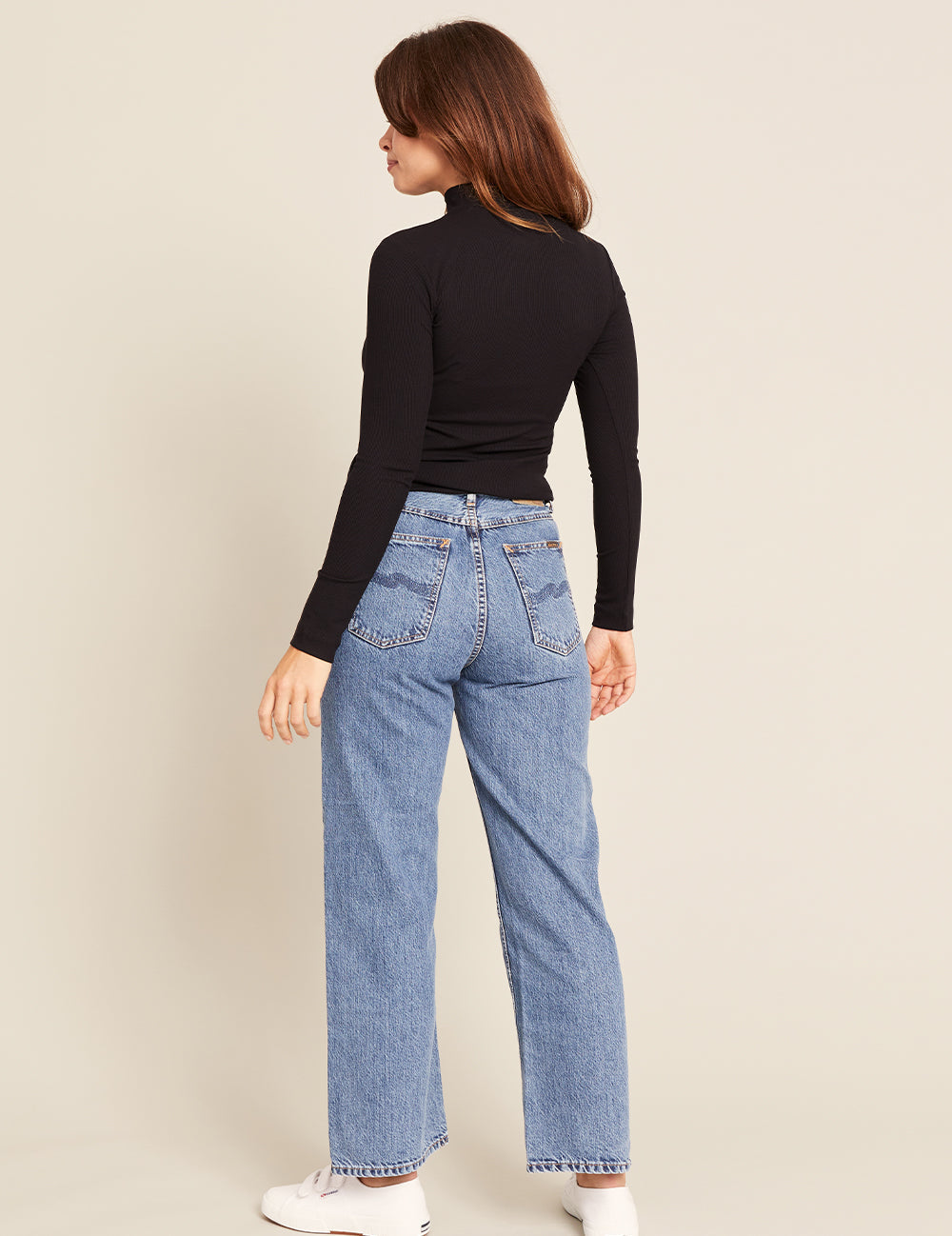Top de cuello alto acanalado para mujer - Negro
