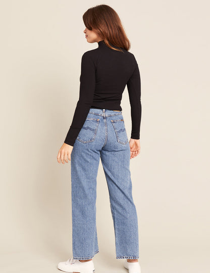 Top de cuello alto acanalado para mujer - Negro