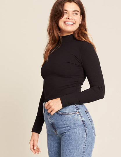 Top de cuello alto acanalado para mujer - Negro