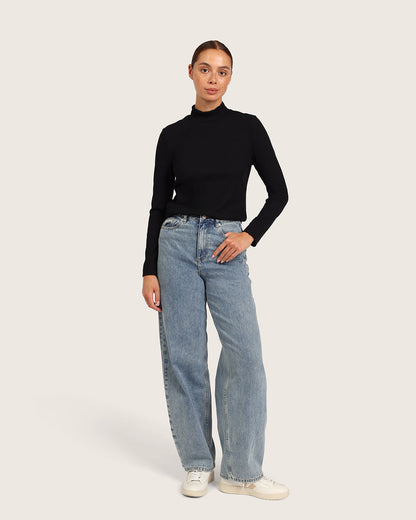 Top de cuello alto acanalado para mujer - Negro