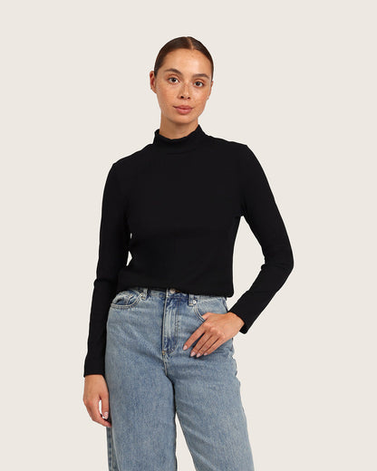 Top de cuello alto acanalado para mujer - Negro