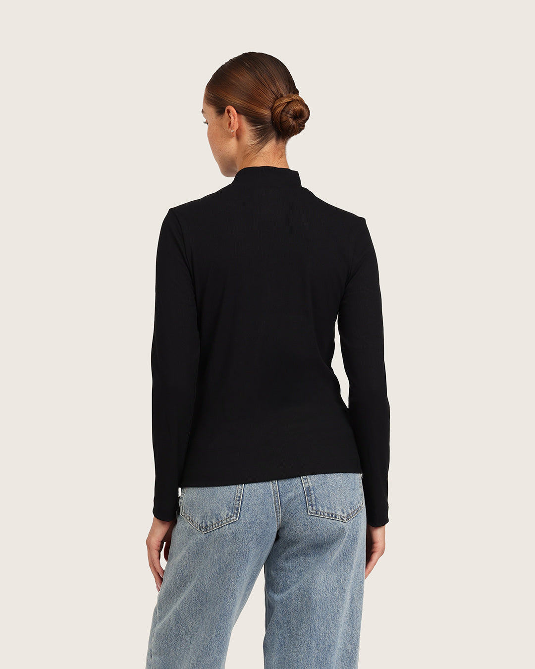 Top de cuello alto acanalado para mujer - Negro