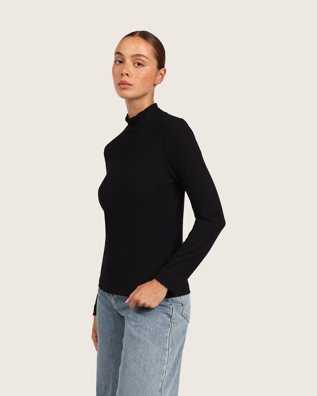 Top de cuello alto acanalado para mujer - Negro
