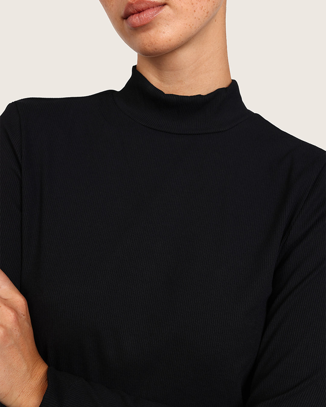 Top de cuello alto acanalado para mujer - Negro