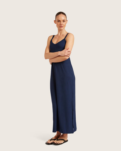 Vestido lencero con escote en V - Azul marino