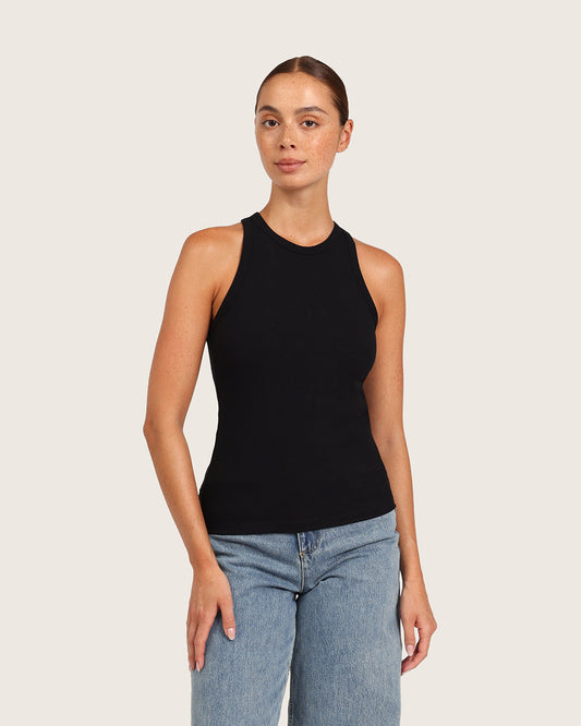 Camiseta sin mangas acanalada con espalda deportiva para mujer - Negra