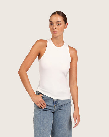 Camiseta sin mangas acanalada con espalda deportiva para mujer - Blanca