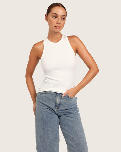 Camiseta sin mangas acanalada con espalda deportiva para mujer - Blanca