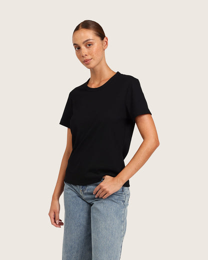 Camiseta de mujer de cuello redondo acanalada - Negra