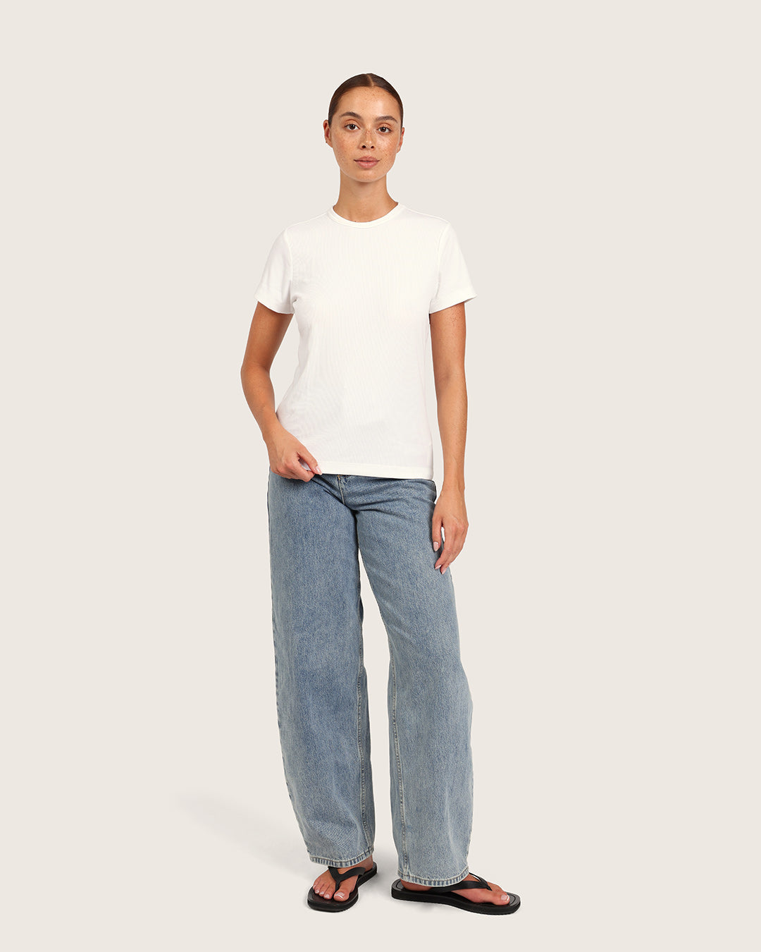 Camiseta de cuello redondo acanalada para mujer - Blanca