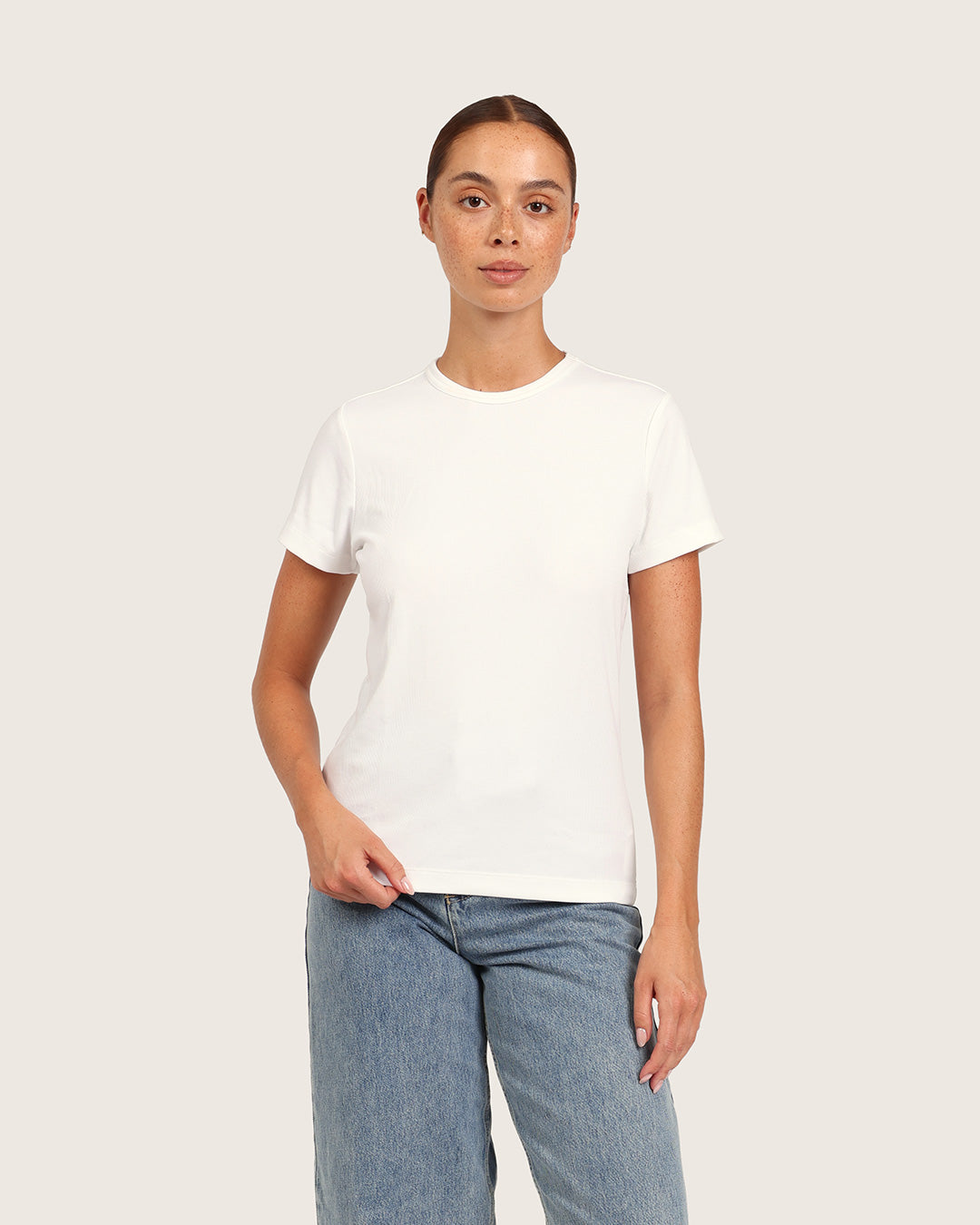 Camiseta de cuello redondo acanalada para mujer - Blanca
