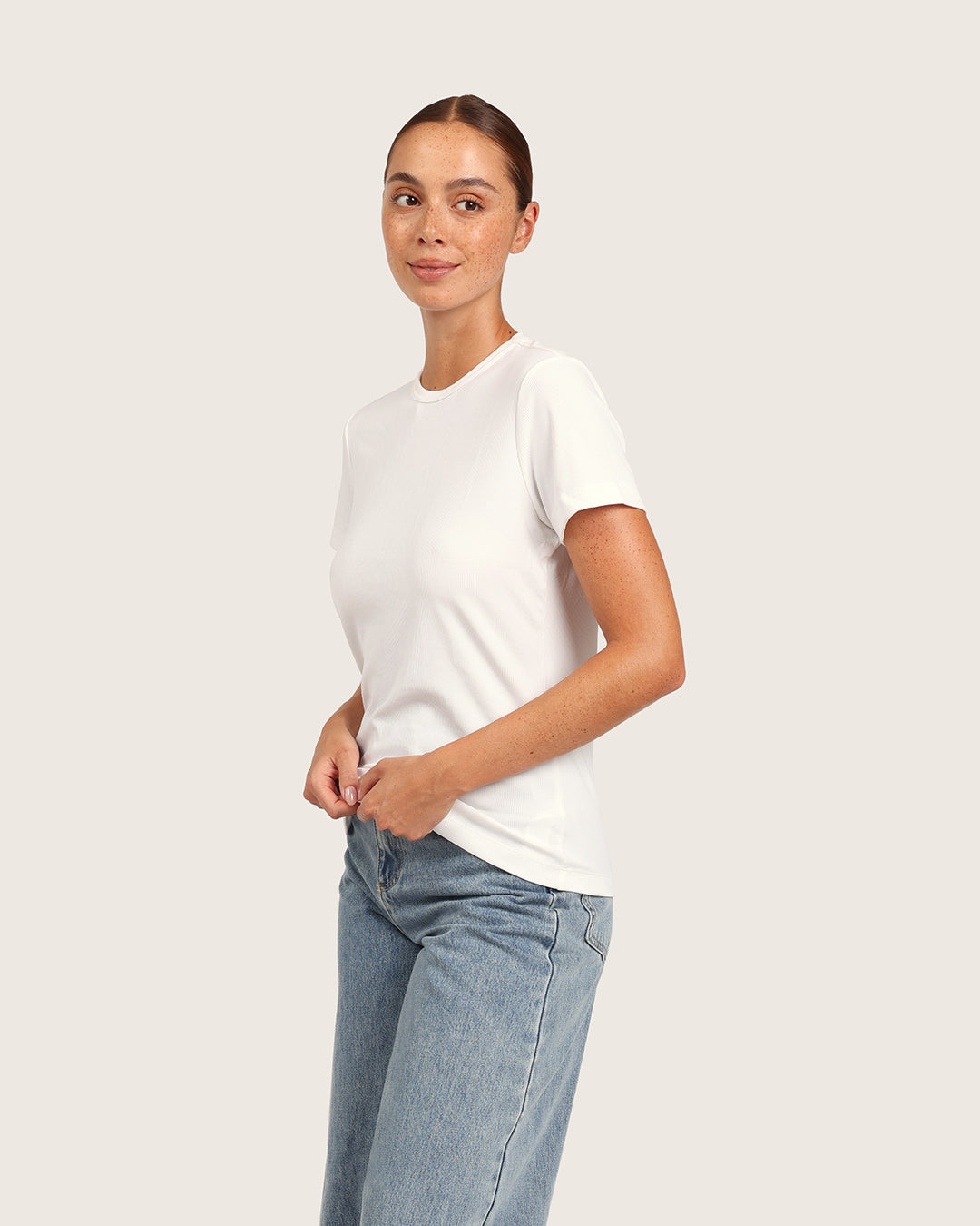 Camiseta de cuello redondo acanalada para mujer - Blanca