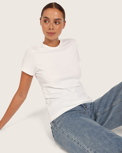 Camiseta de cuello redondo acanalada para mujer - Blanca