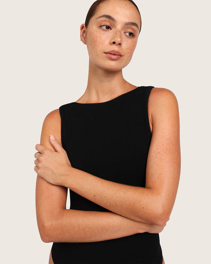Body de canalé con escote barco - Negro
