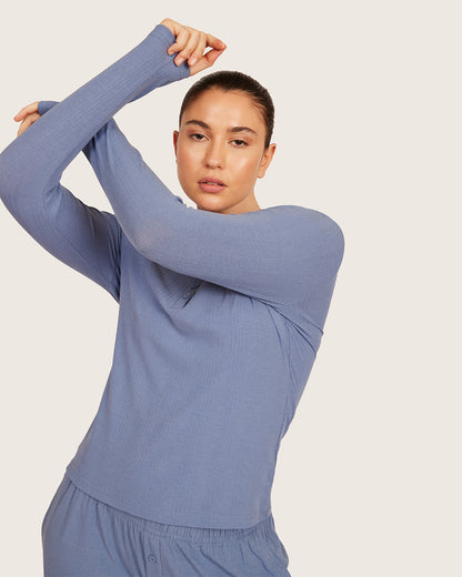 Camiseta Henley de Manga Larga - Azul Acero