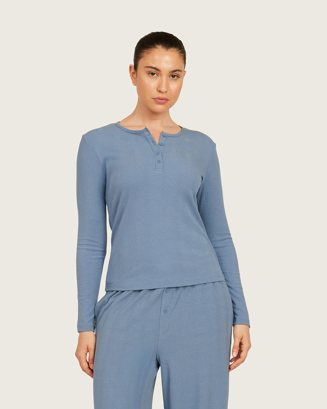 Camiseta Henley de Manga Larga - Azul Acero