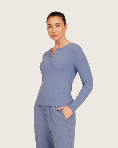 Camiseta Henley de Manga Larga - Azul Acero