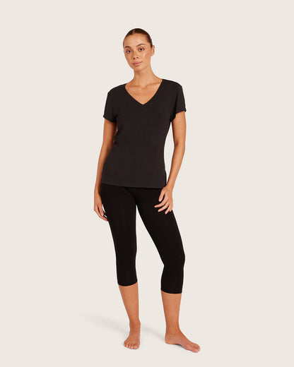 Camiseta de manga corta para mujer con cuello en V, negra