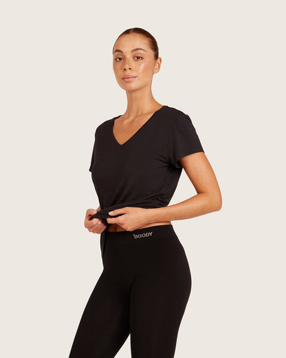 Camiseta de manga corta para mujer con cuello en V, negra