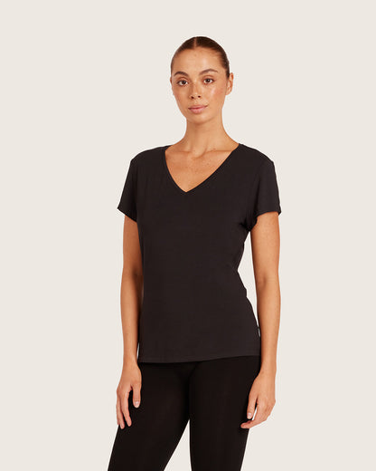 Camiseta de manga corta para mujer con cuello en V, negra