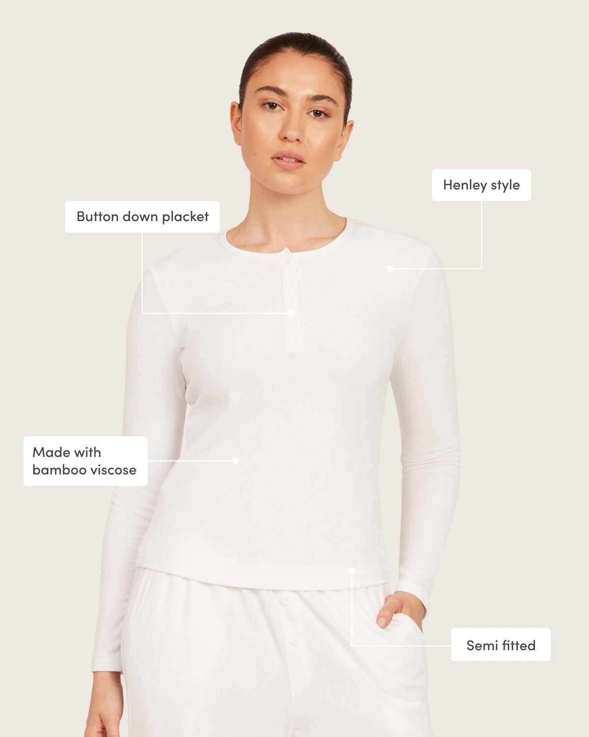 Camiseta Henley de Manga Larga - Blanco Tiza